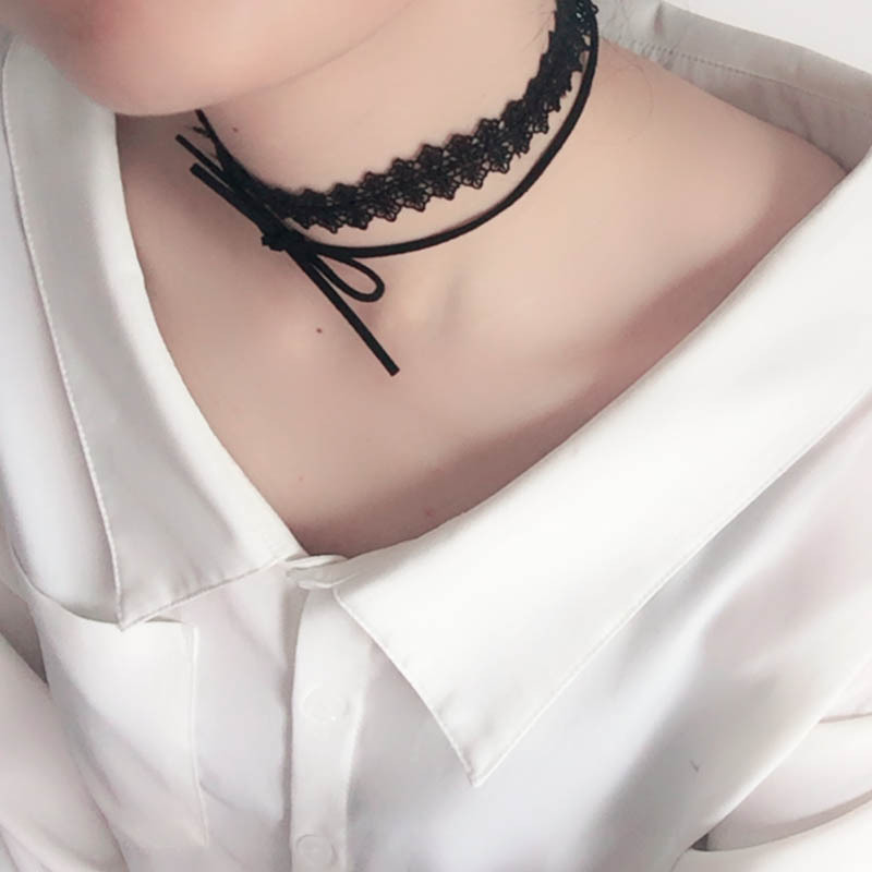 新款双层镂空黑蕾丝蝴蝶结绒布贴颈项圈choker锁骨链项链 跨境爆