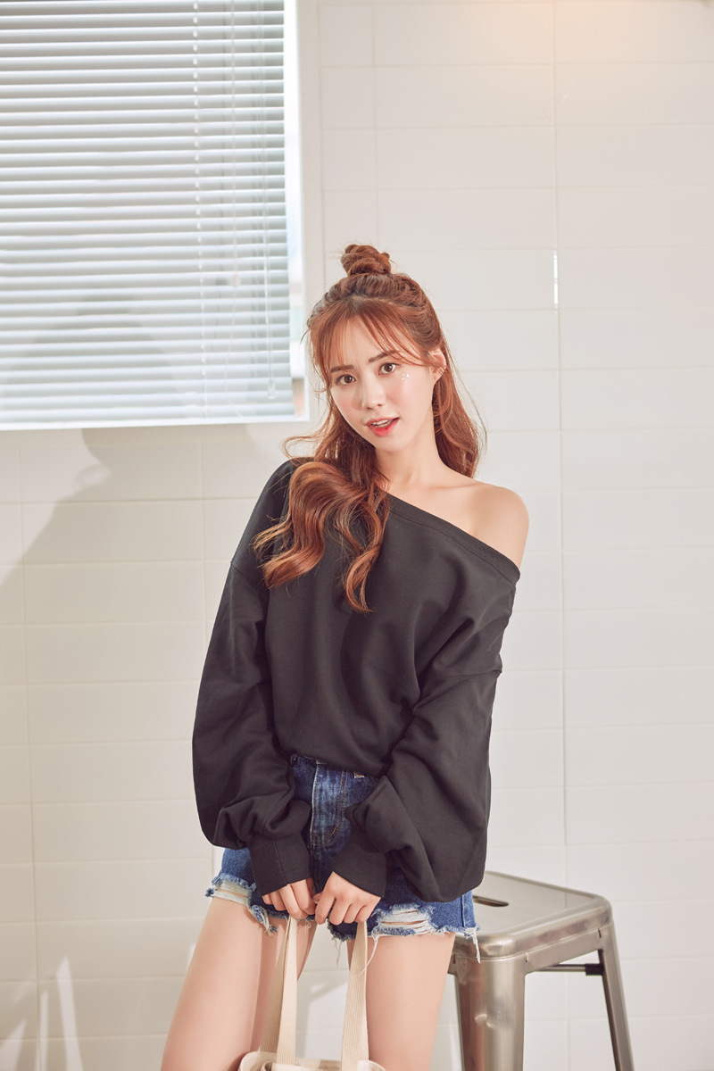 卫衣 女装 2019春夏一字领宽松休闲纯色拼接露肩长袖卫衣一件代发