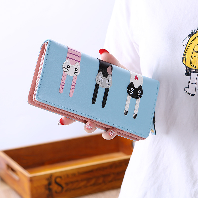 new women‘s wallet fashion cartoon cat large capacity zipper tri-fold wallet student change wallet phone bag