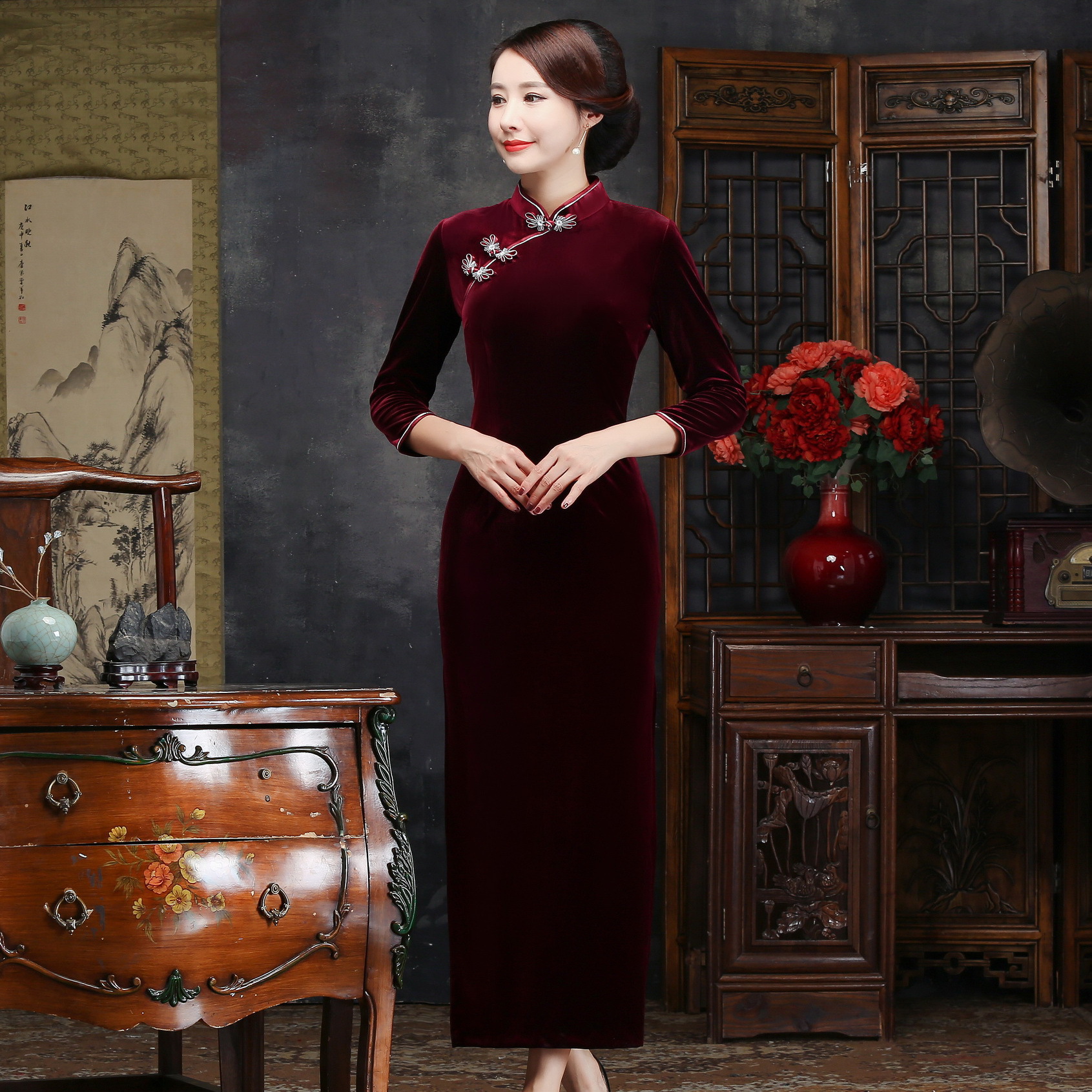 加绒加厚2017秋季新款9分袖丝绒旗袍裙女式高档修身显瘦复古改良