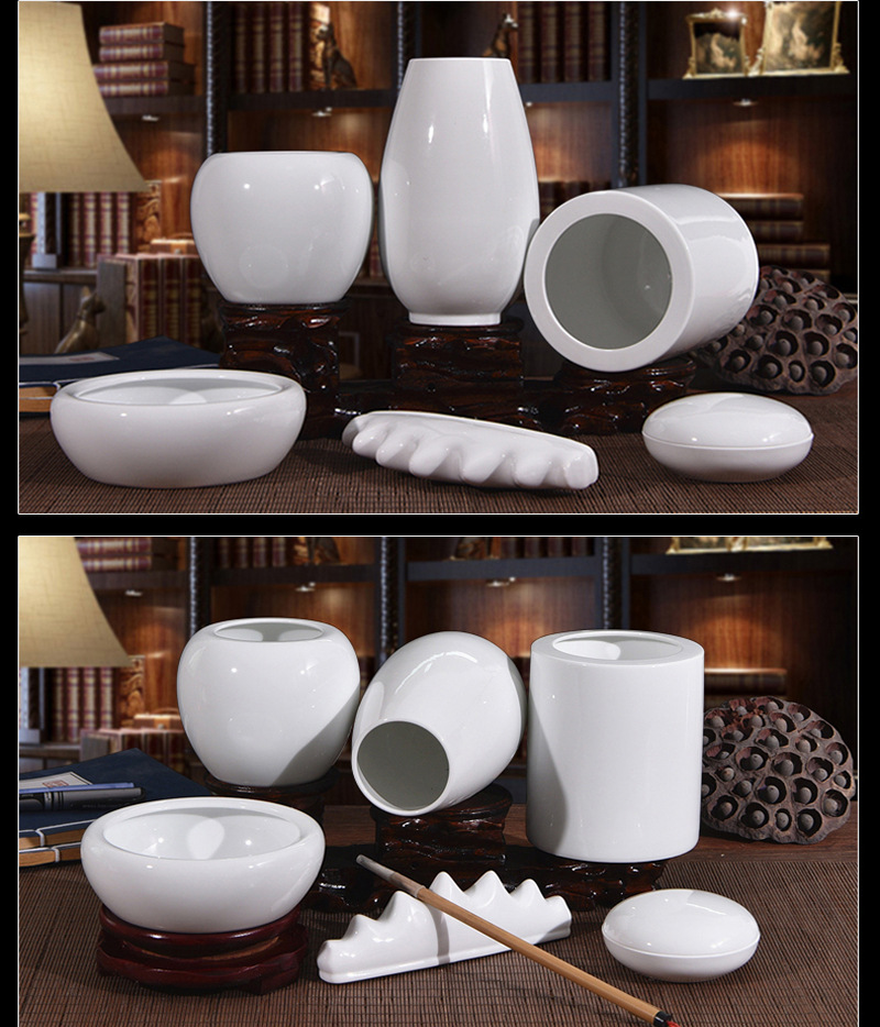 纯白文房六宝套装景德镇陶瓷器笔筒笔洗印泥盒书房书法用品摆件