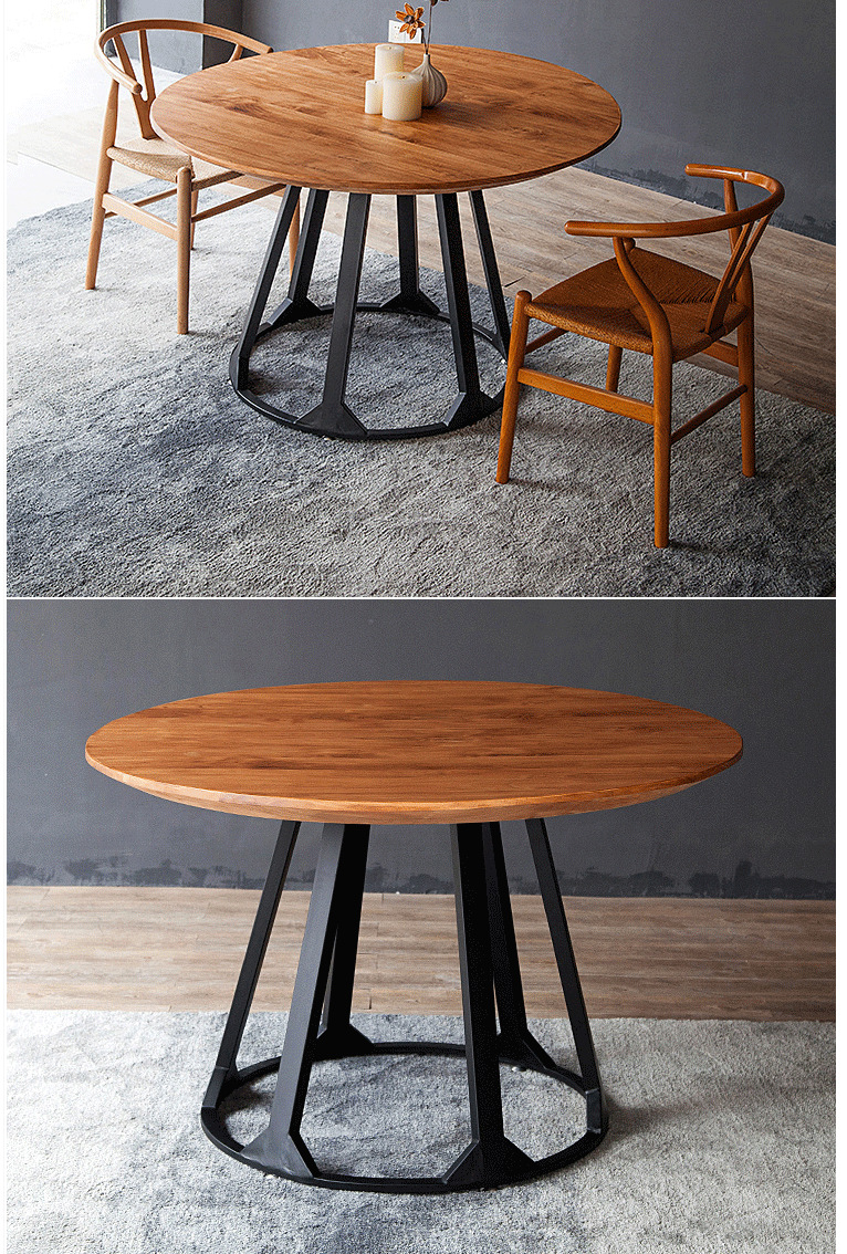 北欧实木圆形餐桌椅组合美式复古铁艺餐桌圆桌小户型餐馆饭店餐桌