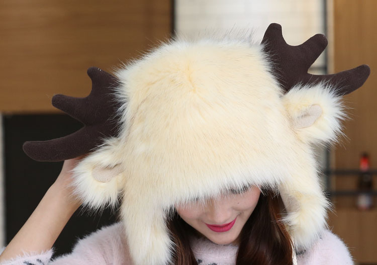 批发冬季双层加厚加绒保暖仿皮草鹿头帽子男女圣诞鹿雷锋帽子
