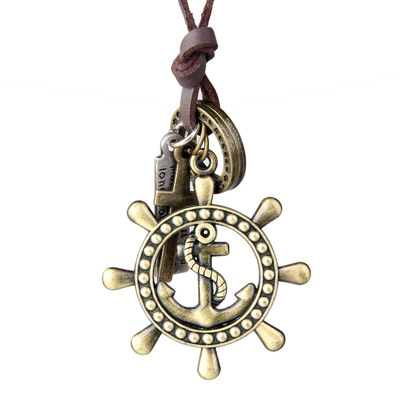 欧美海军风情男士长款项链复古船锚舵皮绳项链九元九货源项链批发