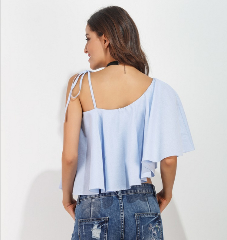 2017外贸ebay欧美新款宽松斜肩露肩短款飞飞袖女式t恤女装