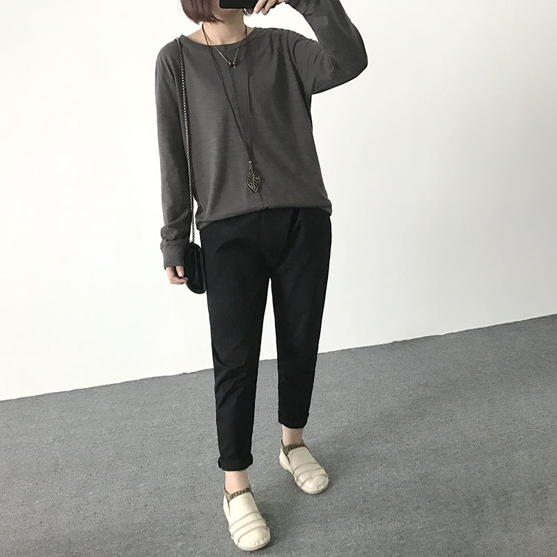 ed iqyipai 6380#春装宽松大码显瘦纯色文艺圆领女长袖纯棉t恤