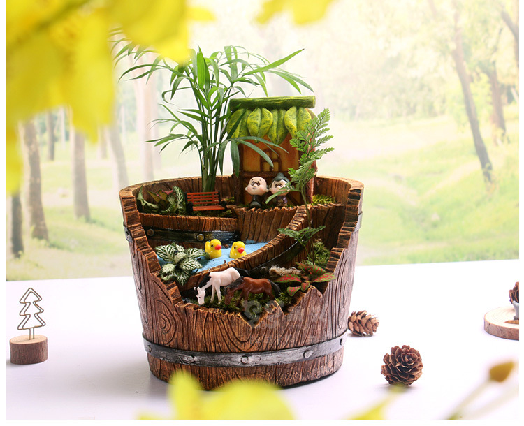 创意多层空中花园多肉绿植花盆微景观盆栽大号竹房木桶花盆