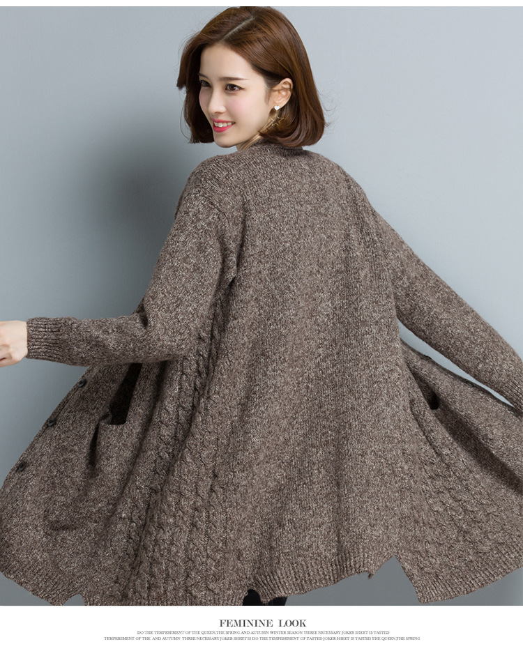 2017秋新品中长款外套女粗针针织开衫 宽松v领外穿毛衣单排扣大衣