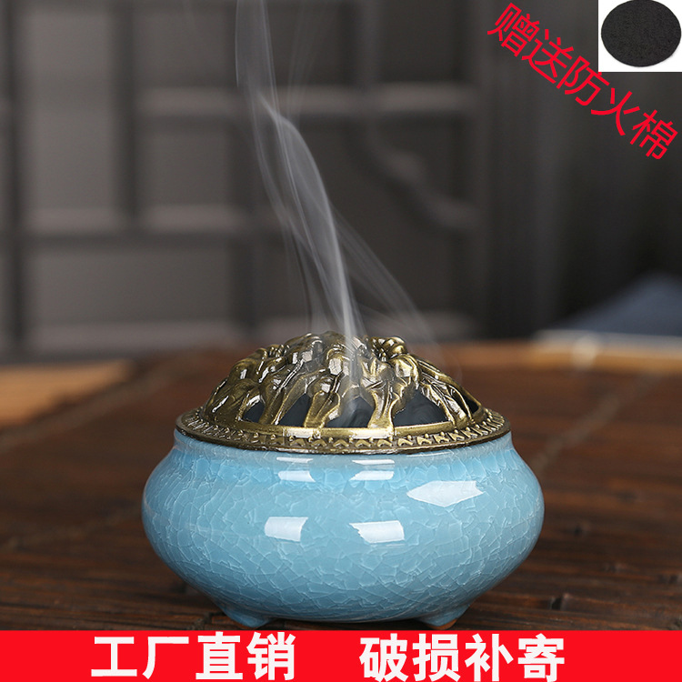 Celadon Incense Burner Ceramic Copper Burner Buddha Utensils Antique Lavender Flavor Incense Coil and Sandalwood Ice Crack Incense Holder Factory Crafts Wholesale