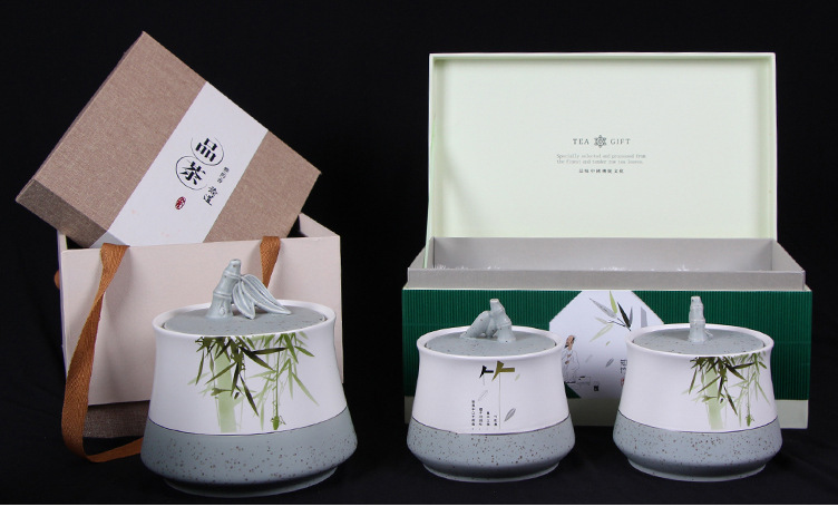 知竹绿茶双罐包装亚光茶叶密封罐配礼盒皮袋可装250g专利瓷罐定制