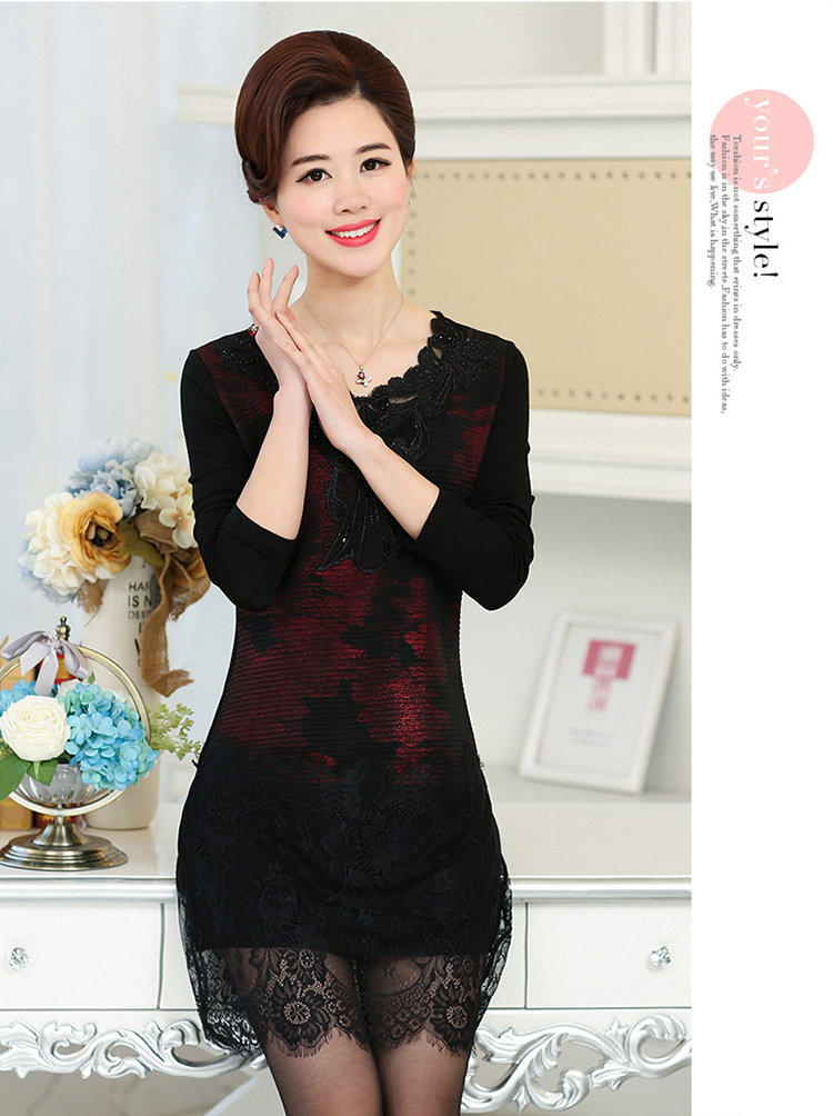 妈妈装春装打底衫中年性感蕾丝长袖t恤包臀