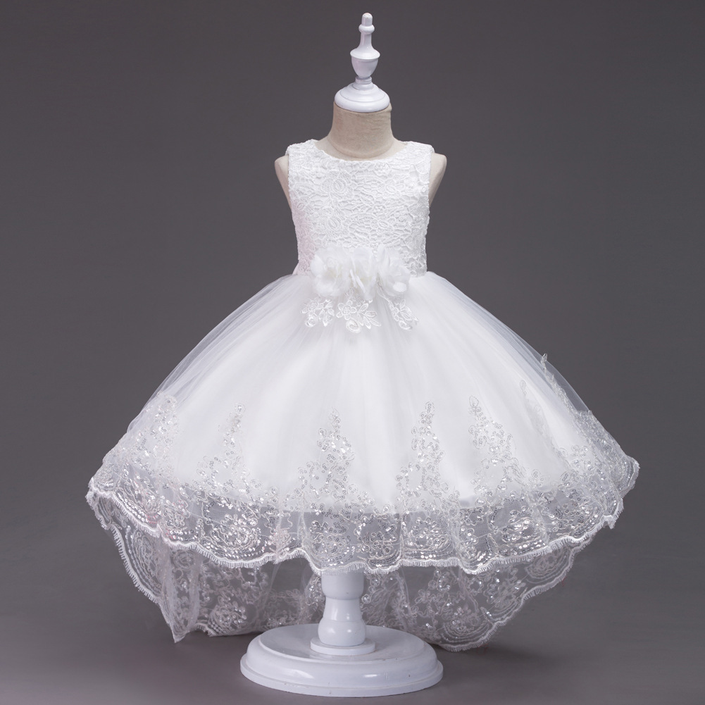 韩版女童白色礼服公主裙无袖儿童婚纱礼服蓬蓬裙拖尾kids dress