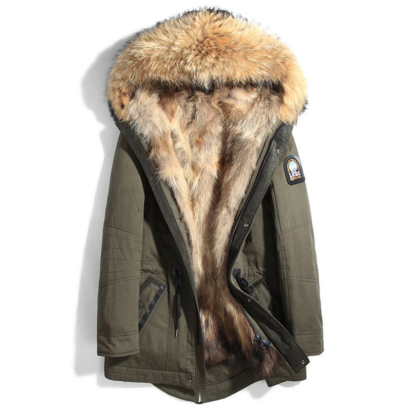 冬季皮衣皮草男士连帽长款可拆卸狼毛内胆御寒外套