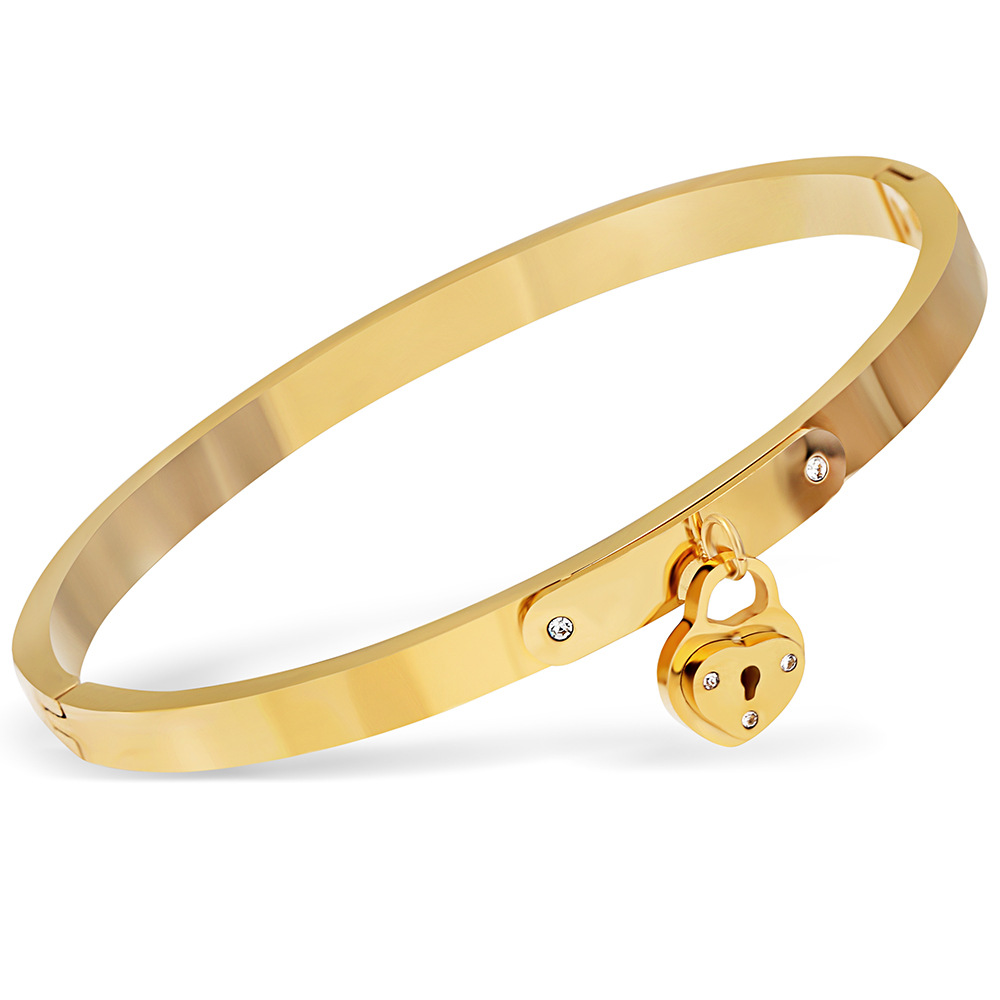 韩版时尚情人节礼物七夕礼物钛钢镶钻三色桃心锁手镯批发wish热卖