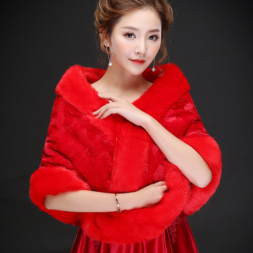 秋冬新款韩版红色仿兔毛米奇花纹大披风新娘迎宾影楼拍照毛披肩