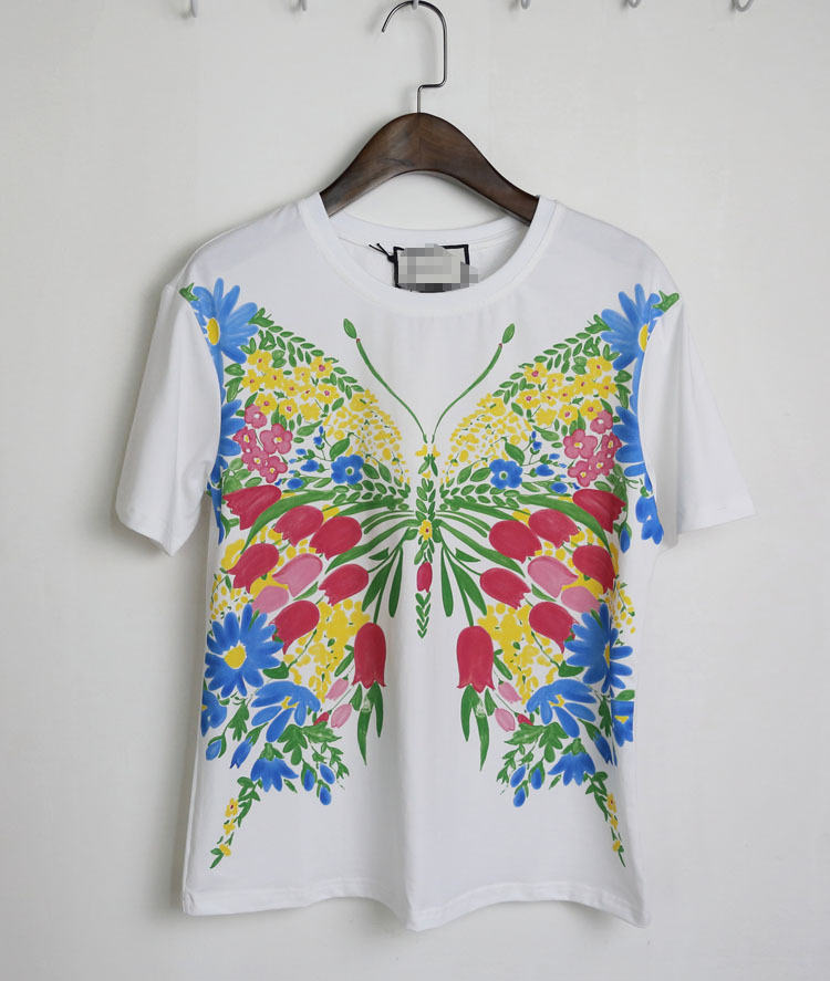 欧美重工彩绘郁金香印花朵蝴蝶百搭短袖 时尚简约显瘦圆领修身t恤