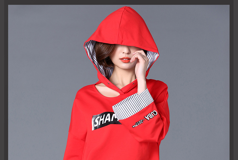 oubogj红色t恤女长袖宽松2017春装新款潮韩版连帽上衣百搭体恤衫