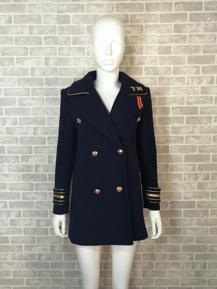 2019明星刘亦菲同款藏蓝色海军风毛呢外套徽章中长款羊毛大衣女冬
