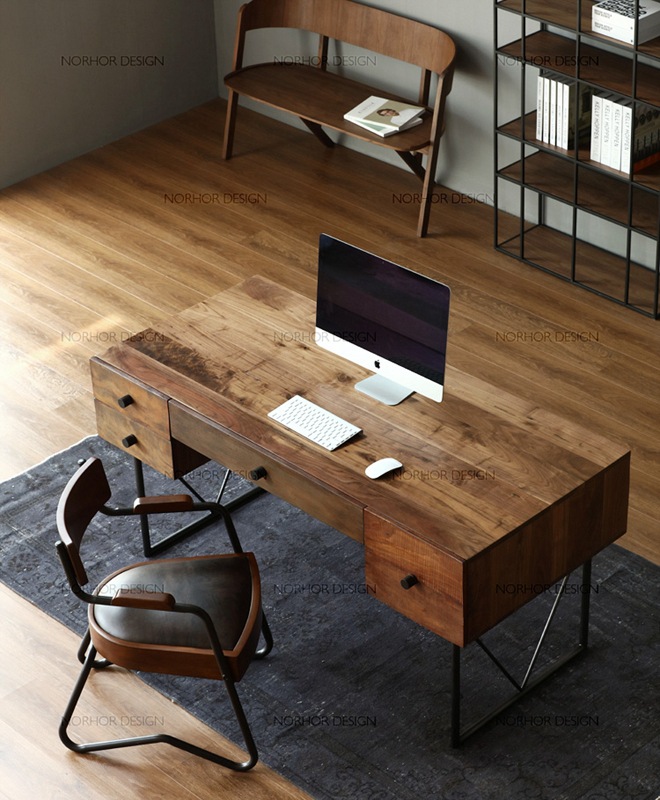 北欧铁艺书桌电脑桌复古实木办公桌loft做旧老板桌带抽屉写字台