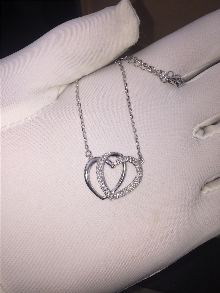 925纯银双心项链爱心锁骨链微镶满钻锆石镀18k白金中号不过敏礼物