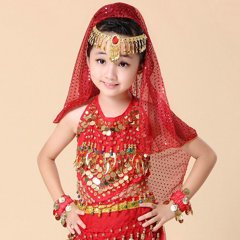 新款儿童印度舞服装 肚皮舞上衣 女童肚皮舞手链头饰纱巾辣椒上衣