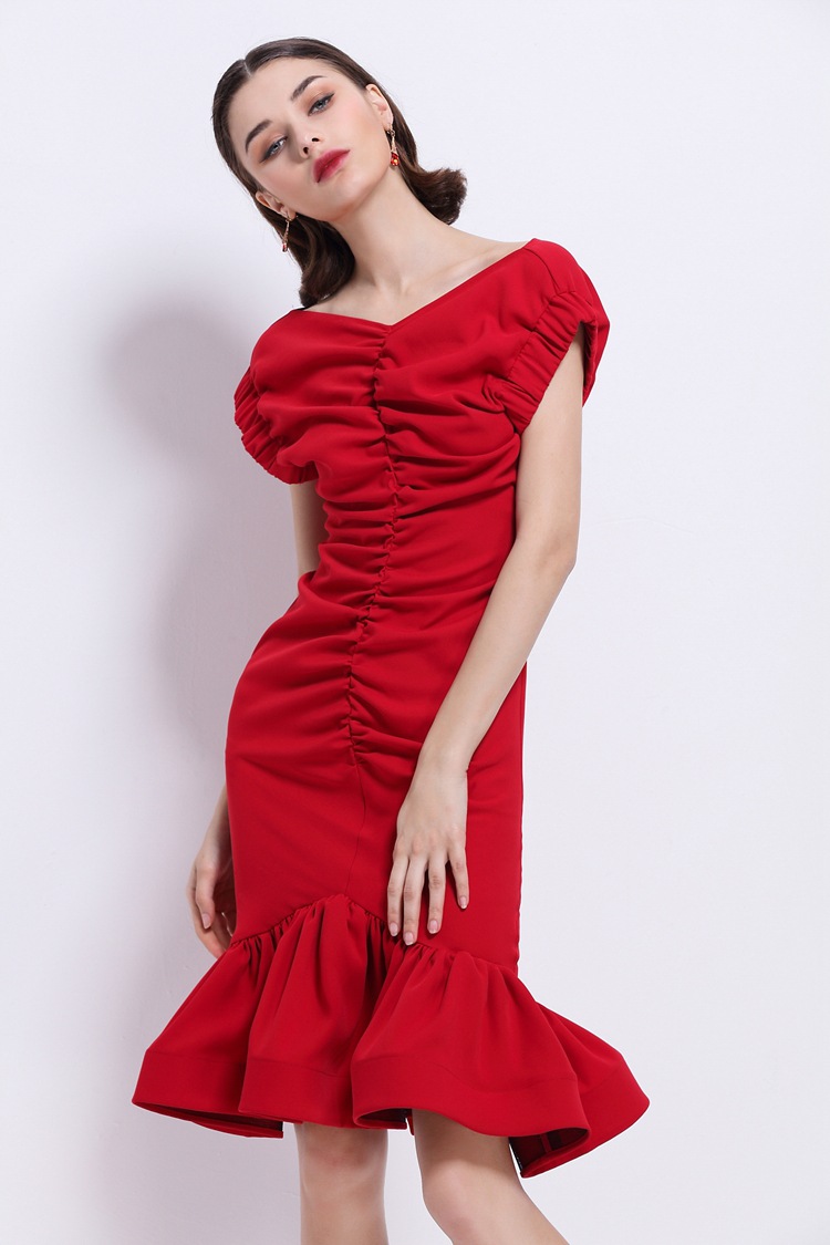 欧洲站2017春夏新款v领红色鱼尾礼服连