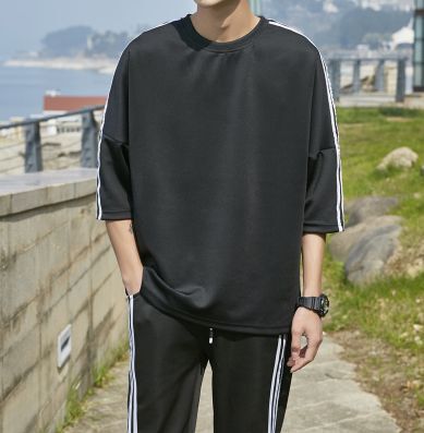 时尚一套男士运动套装潮2018新款韩版时尚纯色圆领五分袖休闲套装