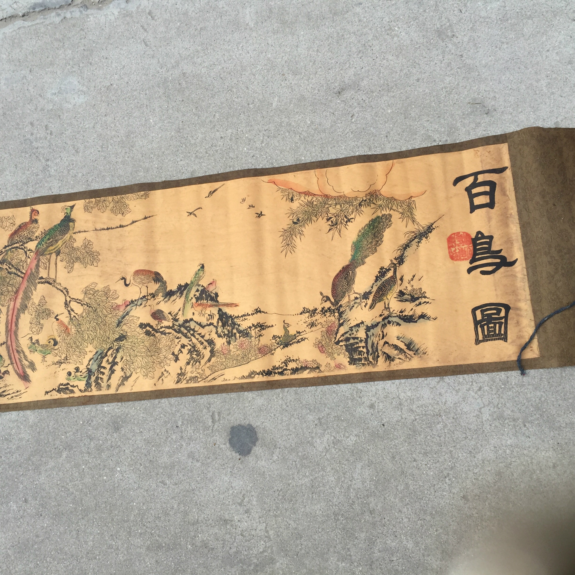 古玩批发复古装饰画仿古字画长卷古画绢布画百鸟图已装裱批发零售