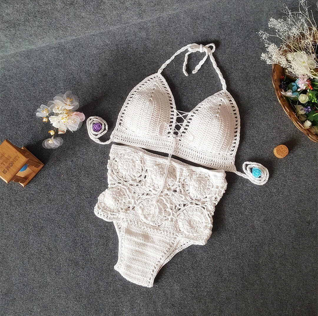 2018欧美夏季女士高腰比基尼泳装镂空性感针织沙滩内衣两件套泳衣