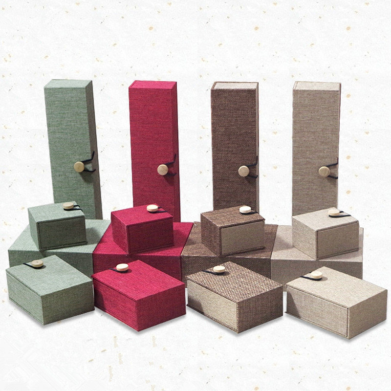 高档麻布纽扣盒手镯木扣盒佛珠礼品首饰包装菩提沉香盒手串盒批发