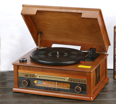 现货小型木质黑胶唱片机复古留声机 cd机lp电唱机收音机 蓝牙音箱