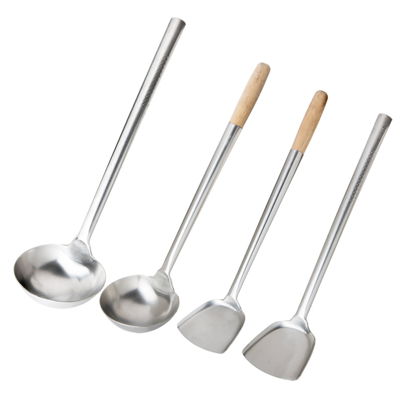 加厚不锈钢 木柄 长柄 炒勺 汤勺 锅铲 厨师炒菜勺子 8 10 12两勺