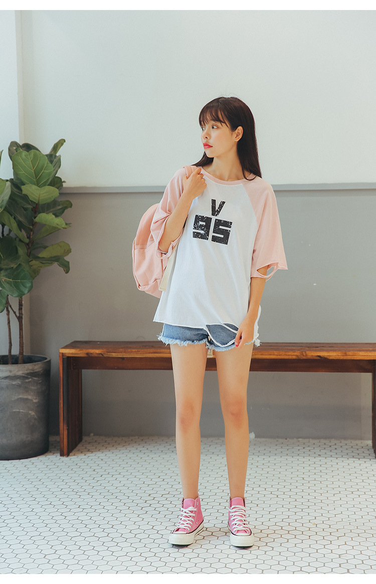 t恤女夏新款破洞短袖体恤韩版潮字母宽松百搭学生上衣服模特实拍