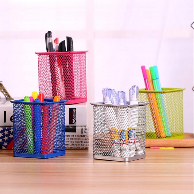 Iron Pen Holder Hollow out Desktop Storage Bucket Simple Student Stationery Multi-Functional Office Color round and Square Pen Holder
