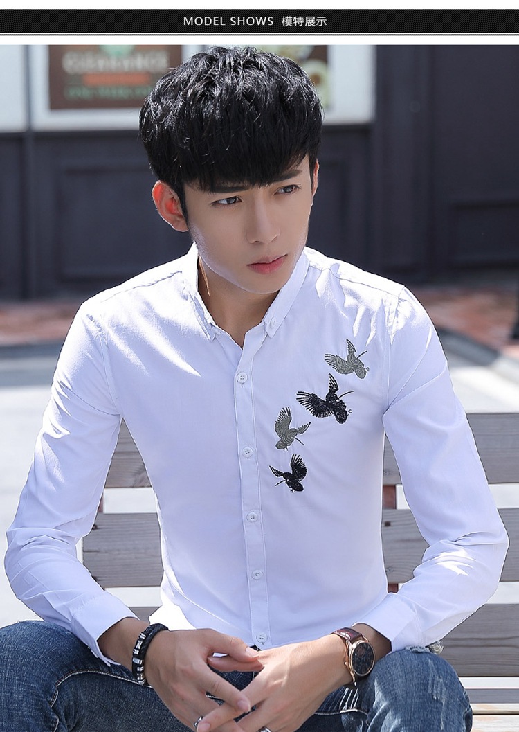 春装2018英伦男士修身型刺绣长袖男衬衫潮流时尚个性领绣花寸衣