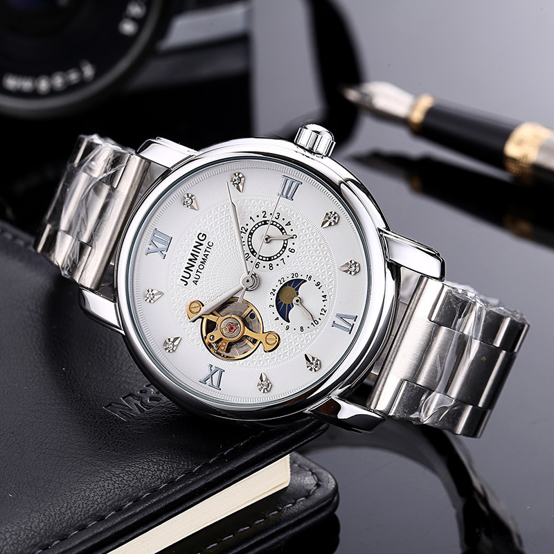 时尚热卖高档钢带白壳男士全自动防水机械手表镶钻商务时装表腕表