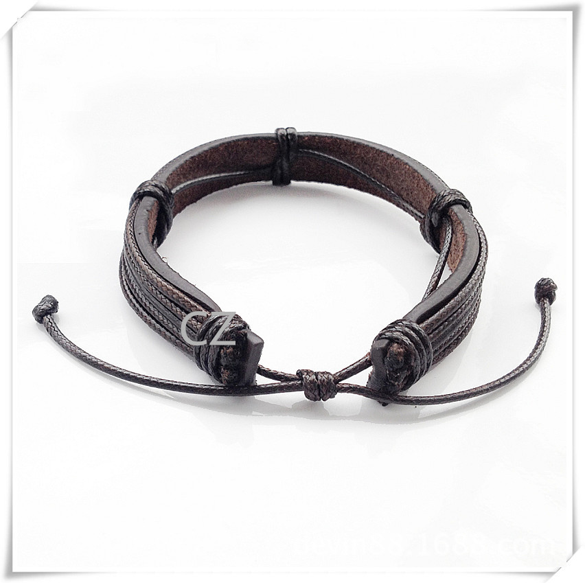 定制牛皮绳手链不锈钢虾公扣手链人工绑绳结牛皮手环男士手镯