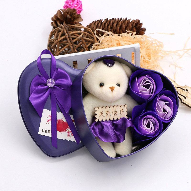 情人节礼物香皂玫瑰花礼盒七夕节创意礼品心形铁盒3朵小熊花赠品