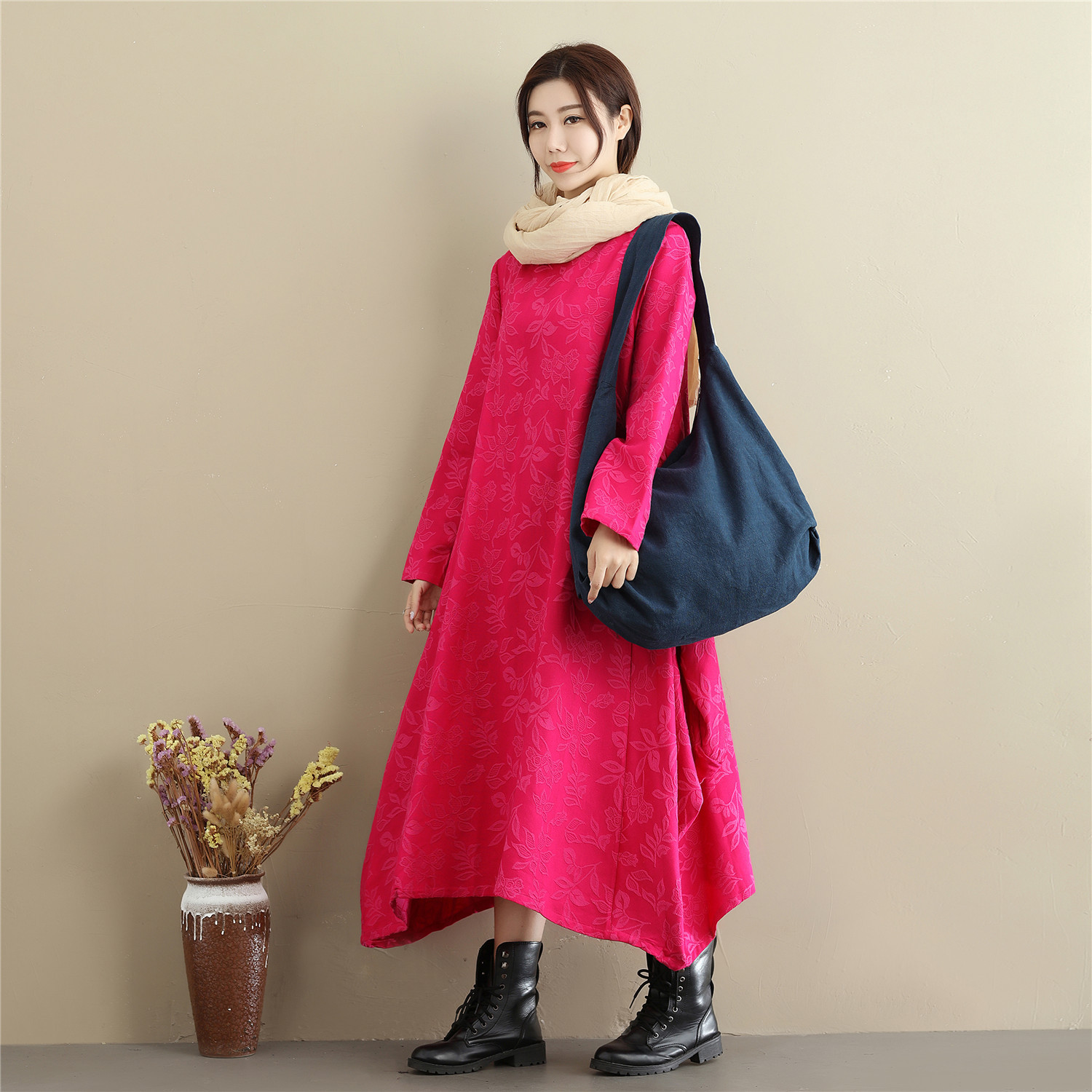 麻凡布衣19秋季新品棉麻女长袍休闲文艺风灯笼裙杨丽萍相似款长裙