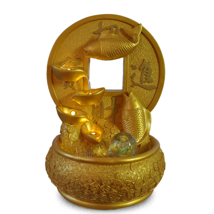 优质高档金色元宝金币流水工艺品鲤鱼戏水室内水景礼品商务装饰品