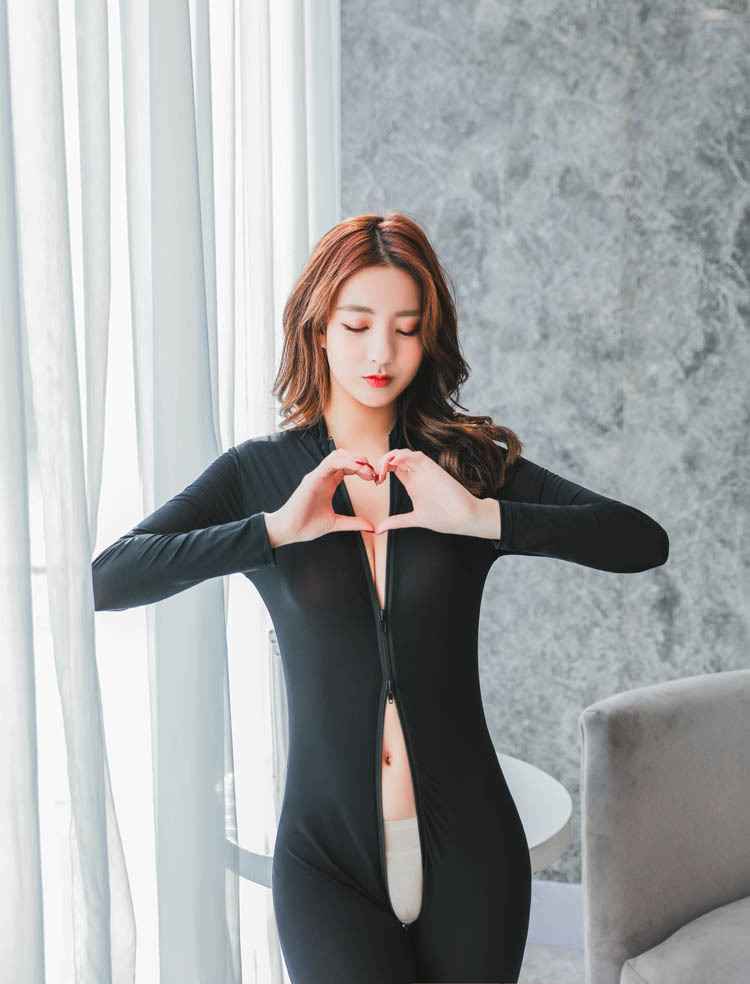 厂家供应夜店诱惑拉链开裆高弹油亮露乳露臀连体冰丝锦纶弹力透明