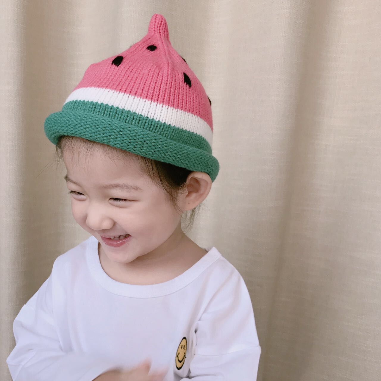 秋冬季男童女童宝宝儿童可爱西瓜帽子纯棉毛线帽有弹力女孩