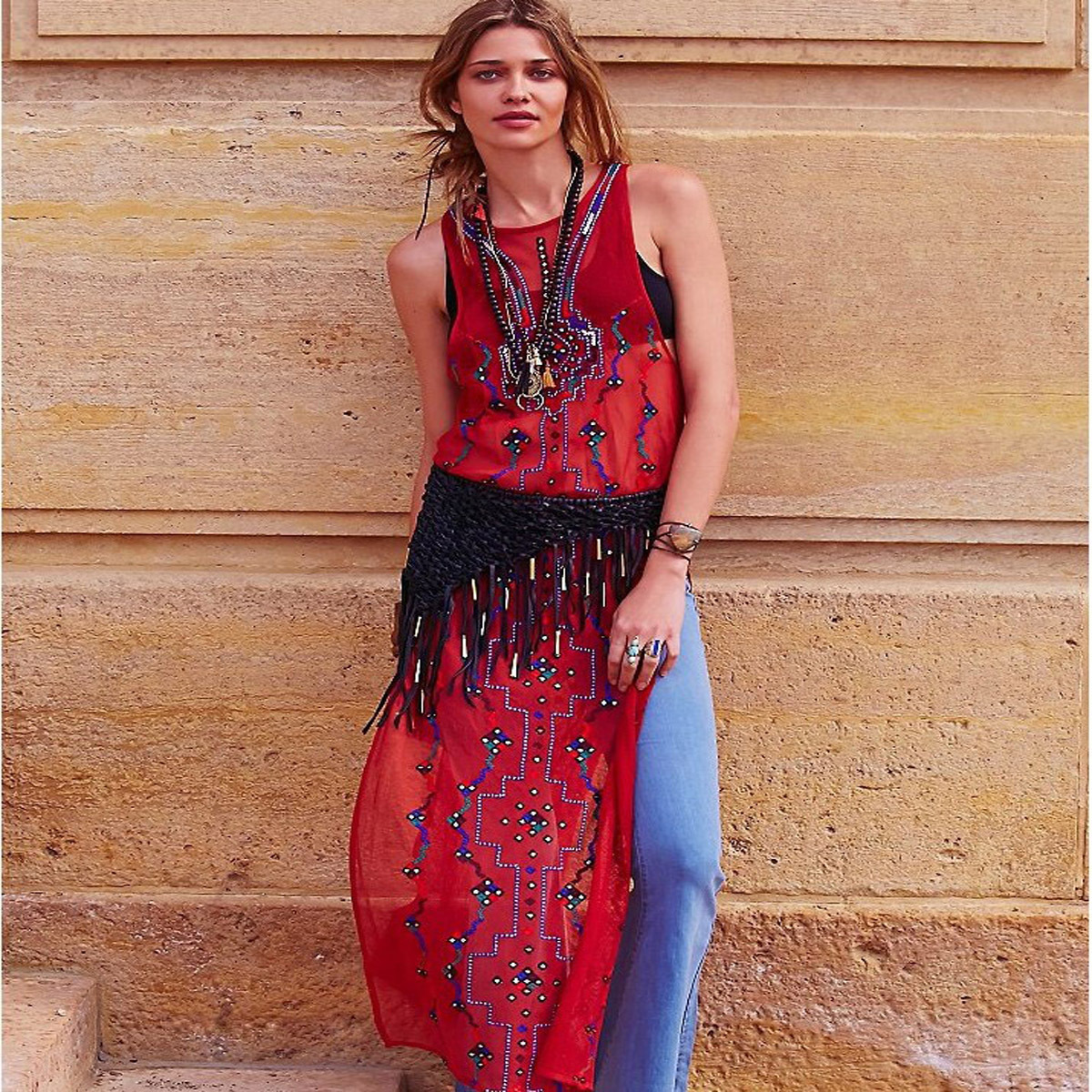 free people同款异域风情钉珠刺绣绣花背心圆领开叉无袖长裙