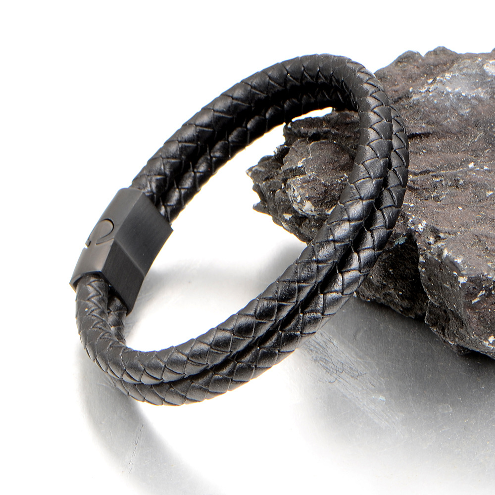 复古风皮绳子皮手链 双皮绳搭配黑色扣皮手链