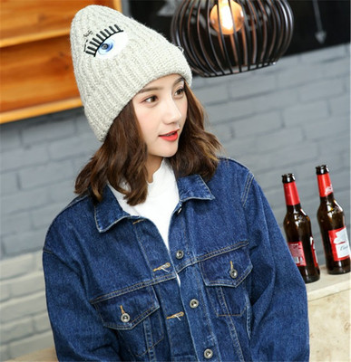 帽子女冬天加绒毛线帽韩版青年甜美可爱眼睛挂环女士秋冬保暖针织