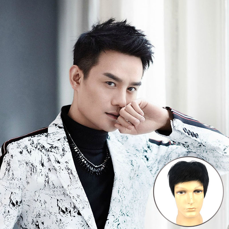 妙洋厂家定做真人发丝假发男士头套飞机头短发平头男士假发套毛坯