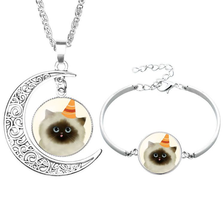 wish速卖通热销 可爱卡通猫项链手链时光宝石两件套 厂家批发