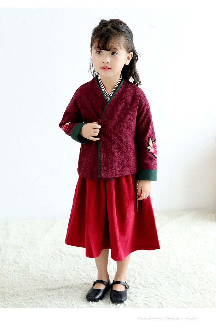 女童汉服中国风套装2017秋装儿童古装宝宝唐装民族风假两件连衣裙