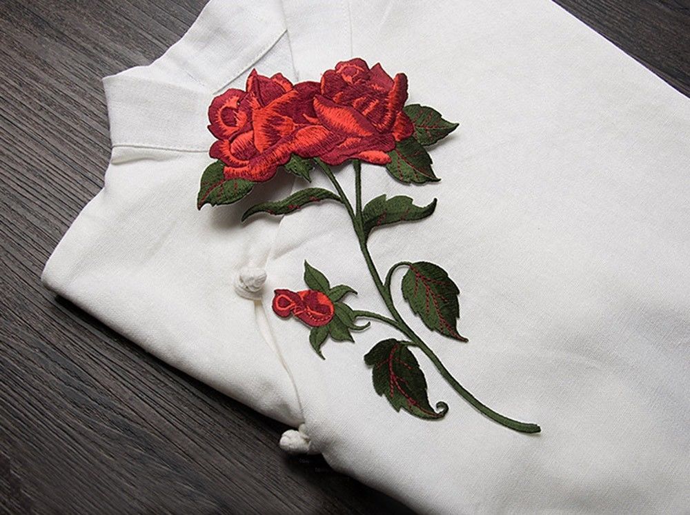 新款刺绣红色玫瑰花布贴旗袍装饰辅料背胶熨烫修补羽绒服补丁贴