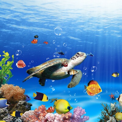 无缝大型壁画4d立体壁纸海底世界海龟鱼儿童房电视客厅背景墙纸